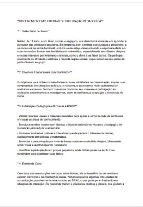Prévia anonimizada de Plano Educacional Individualizado
